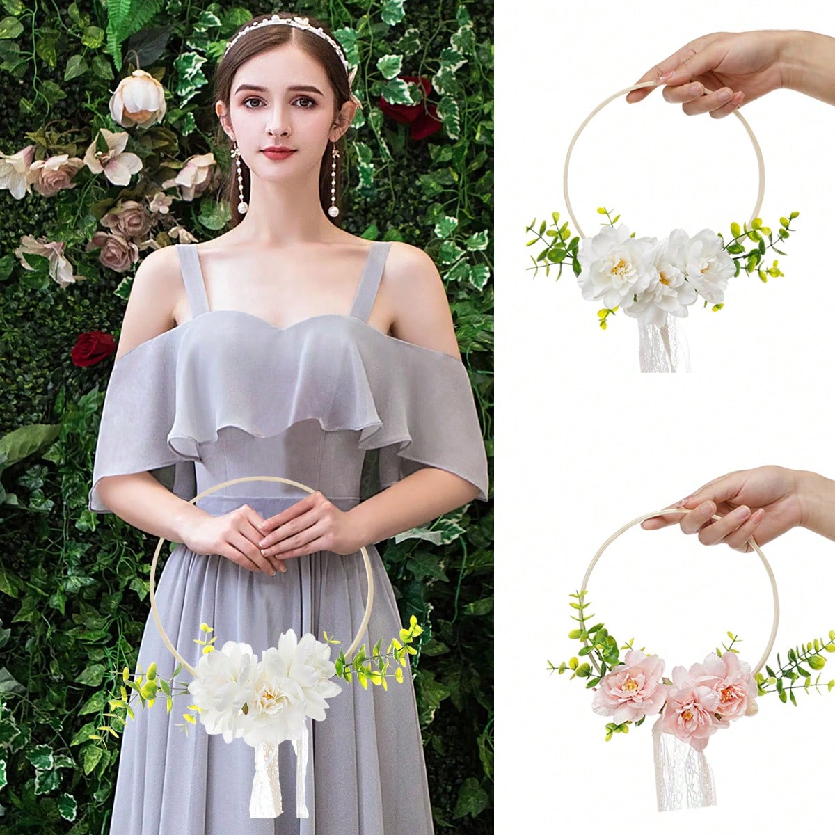 Tassel Fringe Trim - 1個入り ウェディングラウンド竹製フラワーリース、西洋風ウェディングブライズメイド造花ハンドヘルドリース、ブライズメイドローズリース、結婚式やフェスティバルに最適、レースタッセル付きホームデコレーション壁掛けラウンドリース、写真撮影用小道具、ウェディングドレスアクセサリー