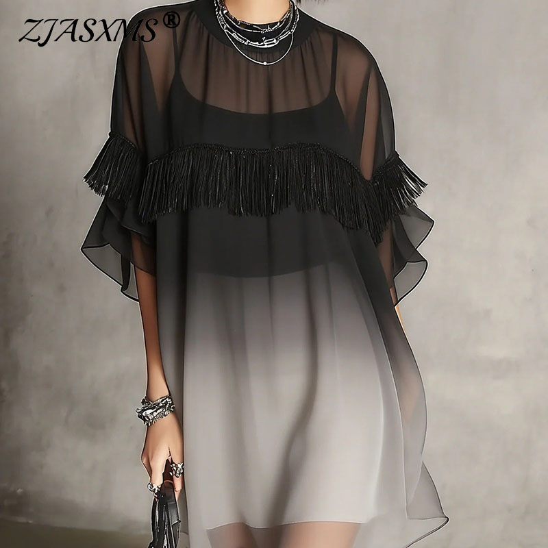 Tassel Fringe Trim - 女性用グラデーションメッシュカバーアップミニドレス、Oネック、シースルーハーフスリーブ、フリンジタッセルトリム、ルーズショートドレス、ボヘミアンカジュアルパーティーサンドレス