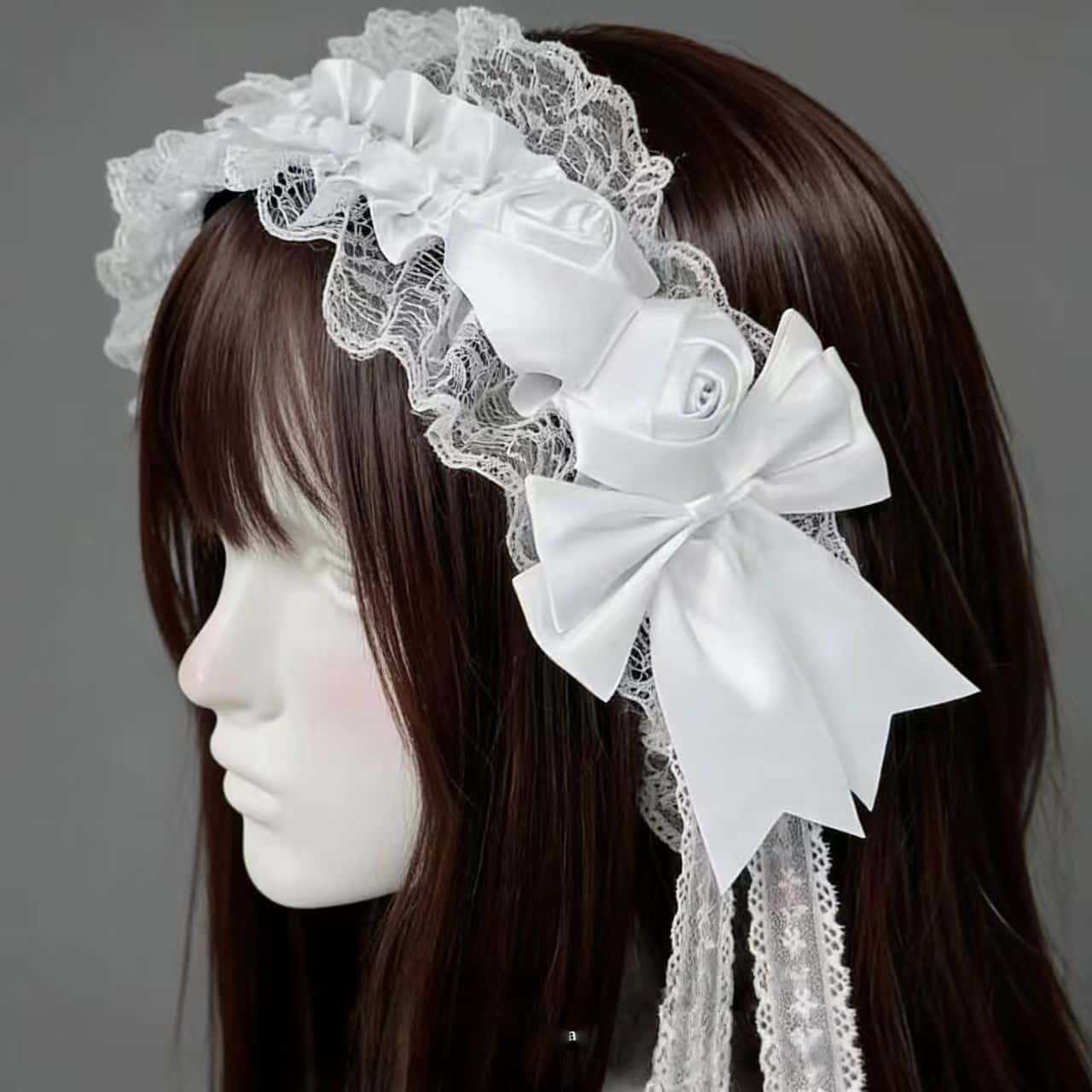 Tassel Fringe Trim - ゴシックロリータレースヘッドバンド女性用ダブルブラックホワイトサテンローズフラワーボウタッセル付きエレガントコスプレヘアアクセサリー