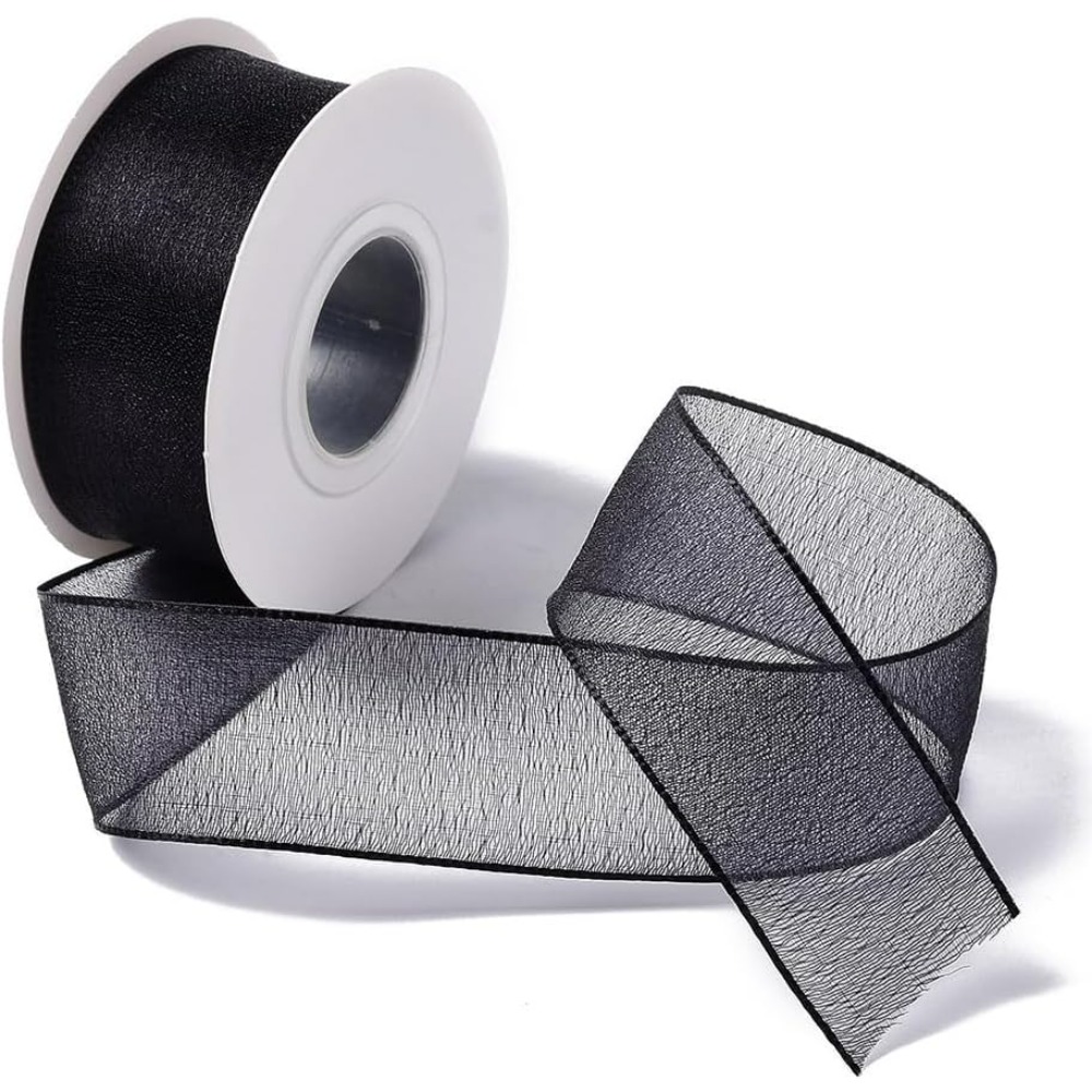 Organza Ribbon Spool - 1インチ ブラック オーガンザリボン 有線 シアーメッシュ シフォンリボン