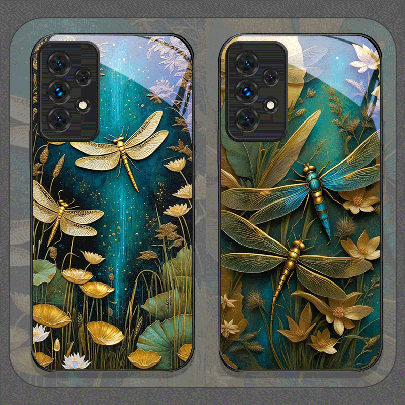 Embroidery Embellishments - 花柄ゴールデン・ドラゴンフライ強化ガラス製スマホケース Samsung Galaxy A06 A17 A55