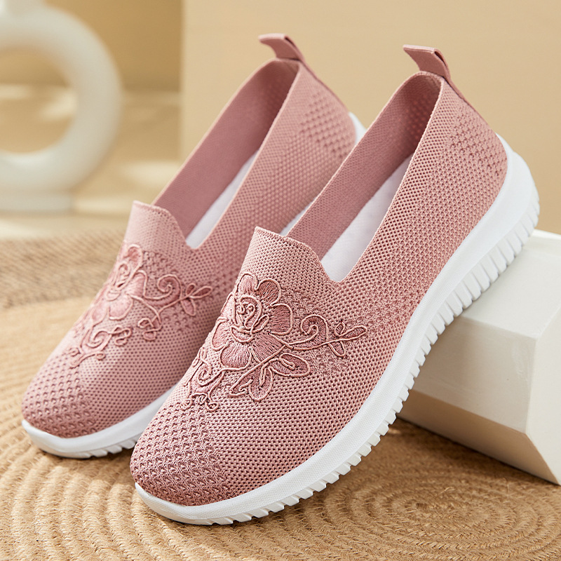 Embroidery Embellishments - 花刺繍ニットメッシュスリッポンシューズ女性通気性ノンスリップソフトソールデイリーコンフォートウォーキングカジュアルスニーカー