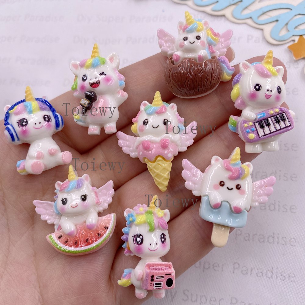Christmas Craft Embellishment - 10 個樹脂カラフルな漫画レインボー音楽ユニコーンフラットバックストーン置物クリスマス装飾品スクラップブック DIY アクセサリー