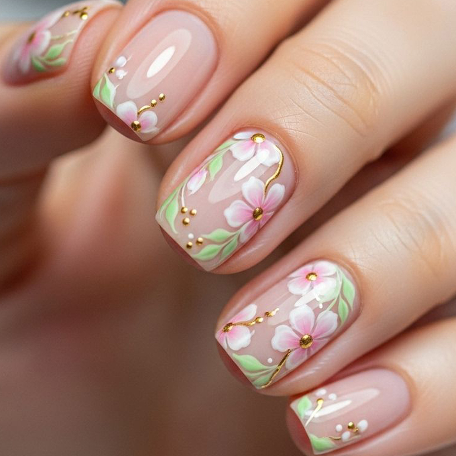 Embroidery Embellishments - 女性・女の子向けショートミディアムフェイクネイル、春夏の花柄と緑の葉、ゴールドクリスタルラインストーン付きフルカバープレスオンネイル