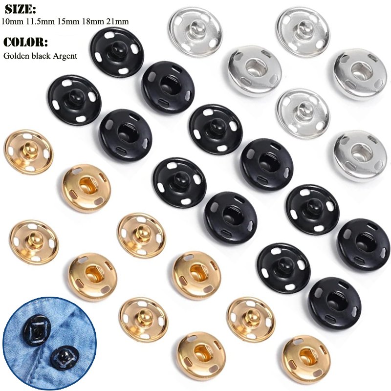 Iron On Stud Set - 10/50セット 8-10mm メタル縫い付けスナップボタン ブラックシルバーカラー DIY縫製衣類スナップファスナーボタン クラフトプレススタッドボタン