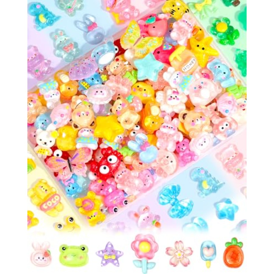 Easter Craft Embellishment Set - 100個入りキュートなスライムチャーム、大量のイースターギフトセット、可愛いフラットバック樹脂チャーム、クラフト用、ミニデコデンアクリル装飾品