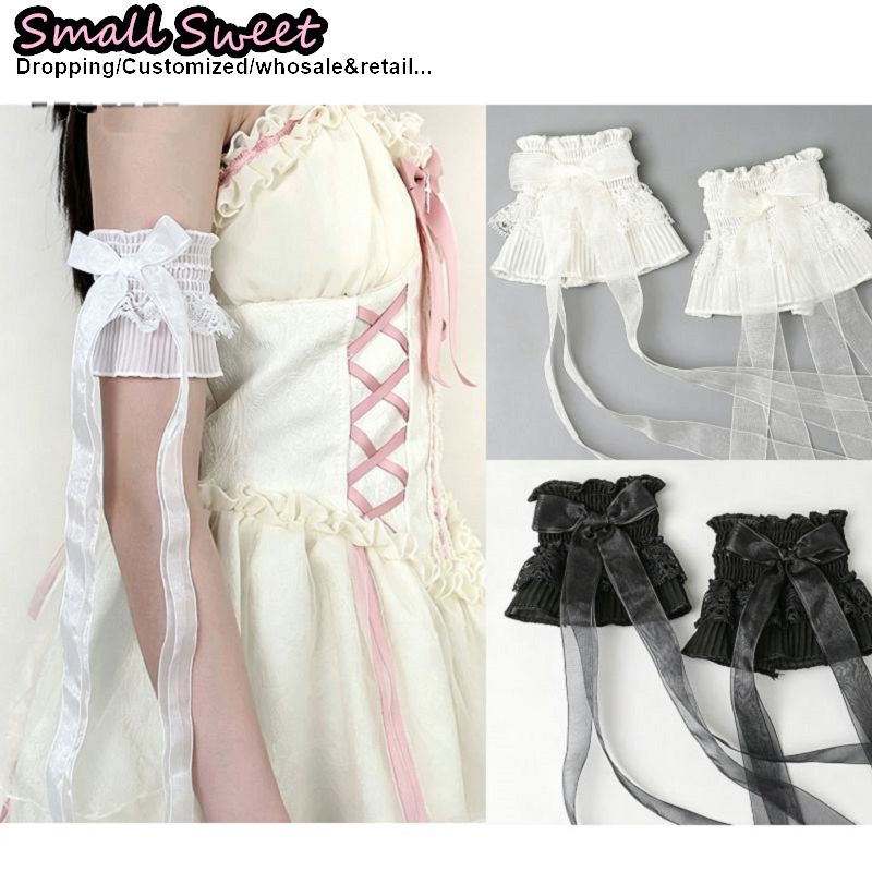 Lace Ribbon Trim - 女性 Y2K ヤミかわいいガールレーストリムボウアームスリーブロリータチュールリボンウェディングアクセサリー JK マッチングバングルリストカフ