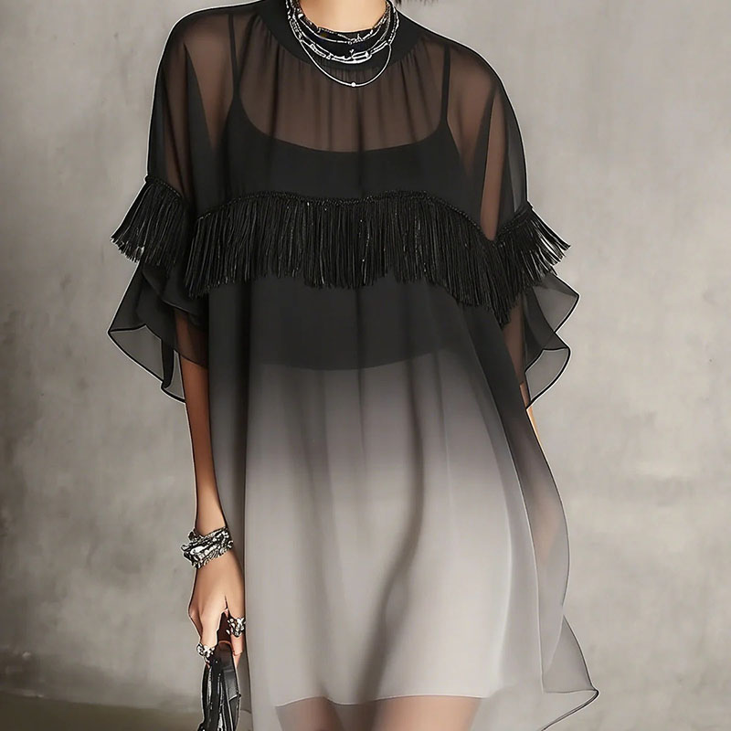 女性用グラデーションメッシュカバーアップミニドレス、Oネック - Tassel Fringe Trim のレビューと価格