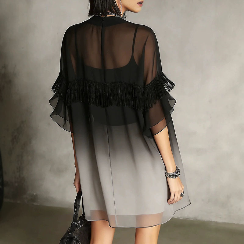 女性用グラデーションメッシュカバーアップミニドレス、Oネック - Tassel Fringe Trim のレビューと価格