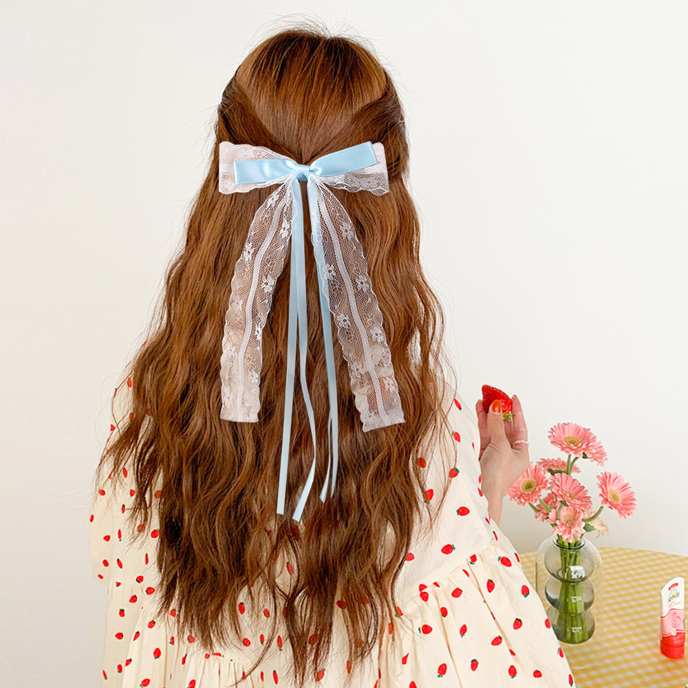 韓国風ピンクブルーレースリボンヘアクリップ女性女の子用リボン - Tassel Fringe Trim のレビューと価格
