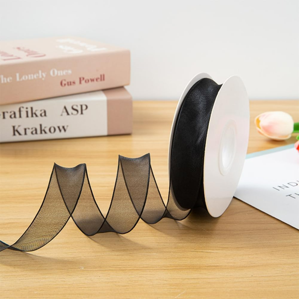 1インチ ブラック オーガンザリボン 有線 シアーメッシュ  - Organza Ribbon Spool のレビューと価格
