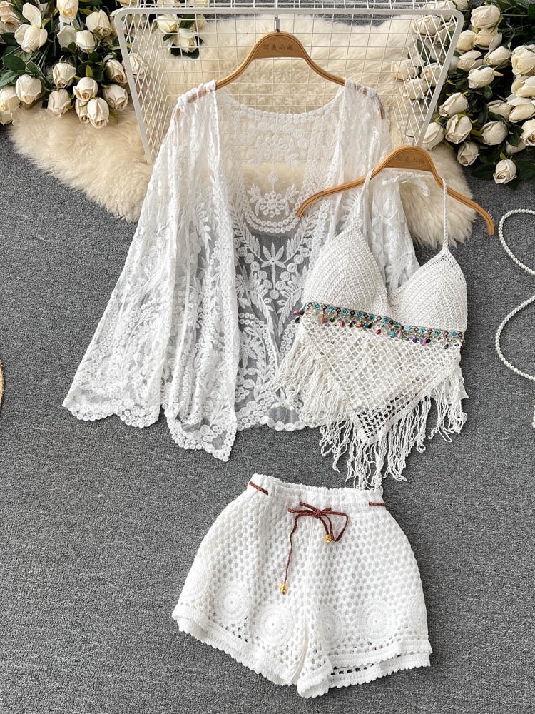 夏の新作ホリデースーツ レディース レース刺繍カーディガン+ - Tassel Fringe Trim のレビューと価格
