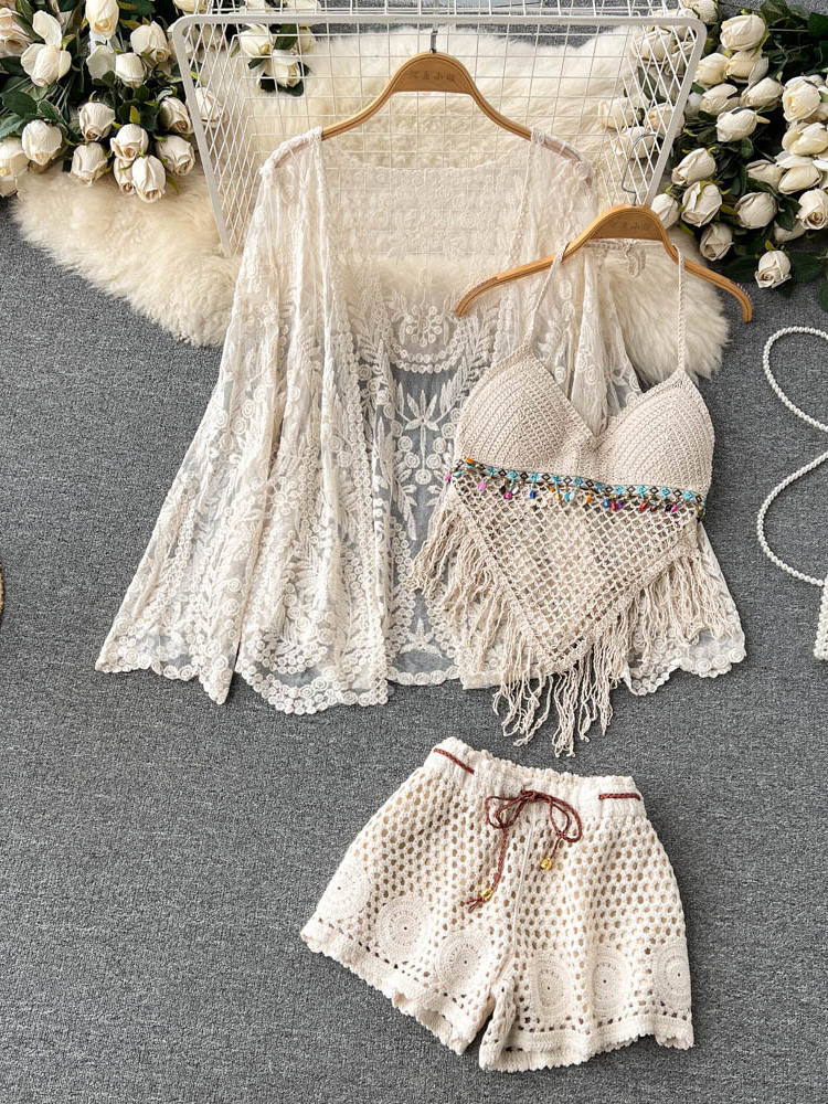 夏の新作ホリデースーツ レディース レース刺繍カーディガン+ - Tassel Fringe Trim のレビューと価格