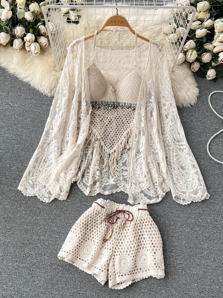 夏の新作ホリデースーツ レディース レース刺繍カーディガン+ - Tassel Fringe Trim のレビューと価格