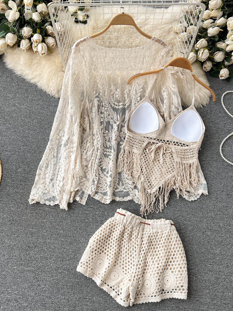 夏の新作ホリデースーツ レディース レース刺繍カーディガン+ - Tassel Fringe Trim のレビューと価格